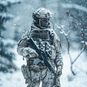 Armed soldier standing in a snowy landscape, cold-weather combat readiness, frosty and severe conditions, military strength and determination, snowfall and winter camo, isolated and resolute, high-qua