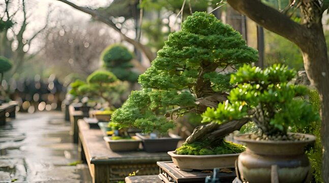 a row of bonsai trees in a garden