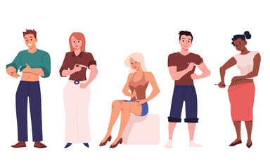 Obraz premium Set of smiling people making self injections in different body parts