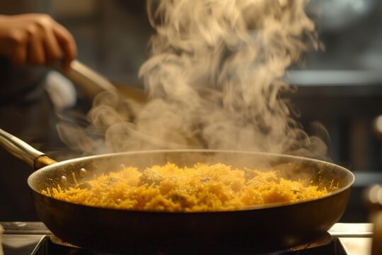 A wok filled with food is being cooked on top of a stove, creating a delicious meal, A pot of biryani being unveiled, with steam wafting out, AI Generated