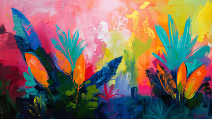 Fototapeta na wymiar A painting of a tropical forest with bright colors and a lot of brush strokes