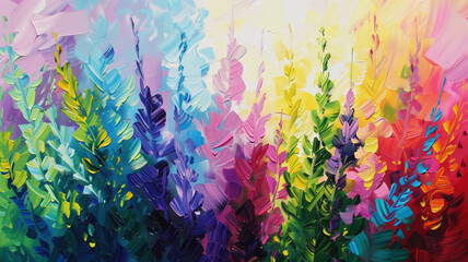 A painting of a field of flowers with a bright, colorful palette