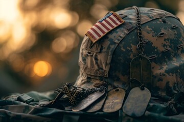 A detailed close-up shot of a military helmet adorned with a flag, A powerful image of a folded American flag, military dog tags, and an empty helmet, AI Generated - obrazy, fototapety, plakaty