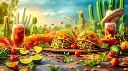 Festive Outdoor Tacos Fiesta with Traditional Drinks. Food concept with Ingredients for Mexican Cuisine