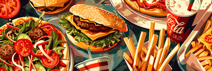 Inviting Illustration of Delicious Foods: Pizza, Soft Drink, French Fries, Burgers and Salad