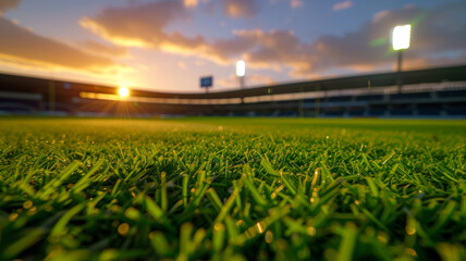 A sports field with a bright sun shining on the grass