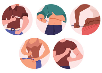 Banners set with people giving self injection, flat vector illustration isolated.