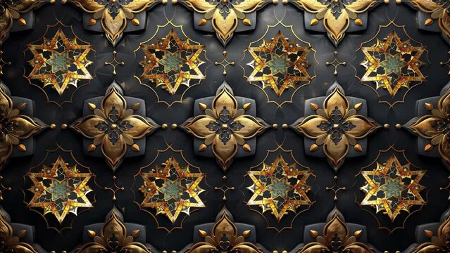 Luxury rotating ornamental arabesque with arabic patterns. arabic patterns. Moving gold and black abstract geometric objects. Ramadan, Eid ul Adha graphic animation loopable background