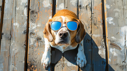 A dog wearing sunglasses and a hat is standing on a wooden deck
