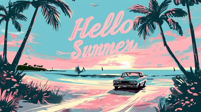 Fototapeta Hello Summer. Trendy Summer design with typography. Background in retro style with car and palm trees on beach. Modern minimalist style design for banner