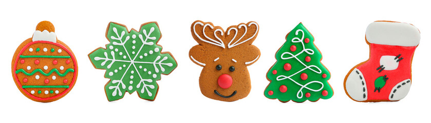 Different tasty Christmas cookies isolated on white, top view