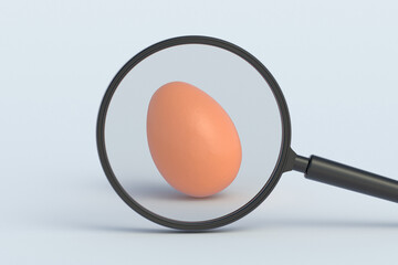 Egg behind magnifying glass. 3d render