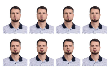 Passport photo, collage. Man on white background, set of photos