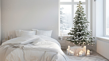 A bedroom with a white bed and a Christmas tree in the corner