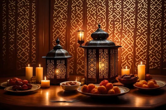 still life with candle, Transport yourself to the enchanting world of Ramadan with an AI-generated image featuring a radiant lantern and a table adorned with succulent dates