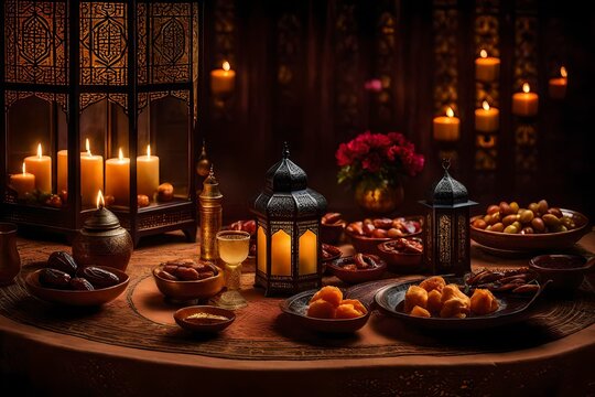 candles  on a table,Transport yourself to the enchanting world of Ramadan with an AI-generated image featuring a radiant lantern and a table adorned with succulent dates