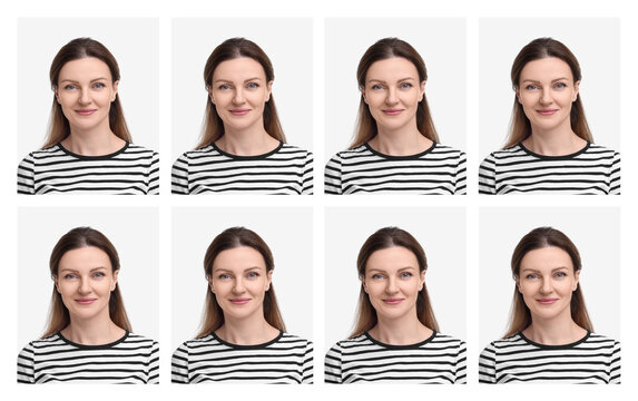 Passport photo, collage. Woman on white background, set of photos