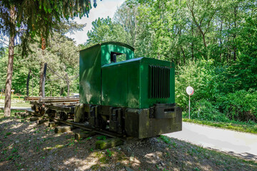 A small train on a narrow-gauge railway to harvest wood from the forest