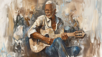 an oil painting depicting an elderly black man playing the guitar, dressed in blue jeans and a long-sleeved white shirt, set against an abstract background with warm, beige tones