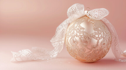 A gold and white ornament with a lace bow is sitting on a pink background