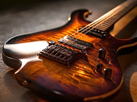 a close up of a guitar on a table