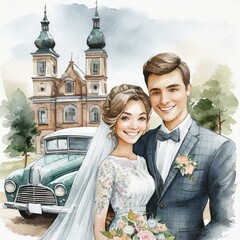 Młoda para w dniu ślub. W tle kościół i samochód. Ilustracja, tło ślubne - obrazy, fototapety, plakaty