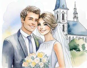 Młoda para w dniu ślub. W tle kościół. Ilustracja, tło ślubne - obrazy, fototapety, plakaty