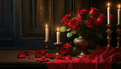 Bukiet róż w wazonie na czerwonej, atłasowej tkaninie. Obok płonące świece