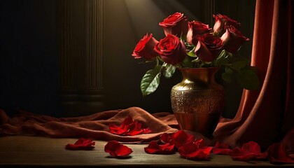 Bukiet róż w wazonie na czerwonej, atłasowej tkaninie - obrazy, fototapety, plakaty