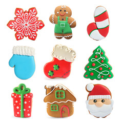 Different tasty Christmas cookies isolated on white, top view
