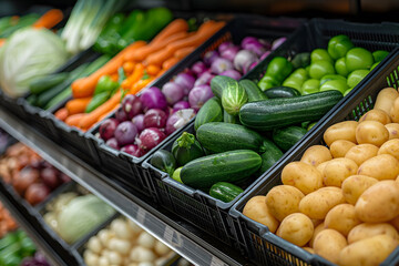 Fresh produce on grocery market shelves. Variety of organic vegetables for healthy nutrition. Farm to table quality ingredients for culinary cooking