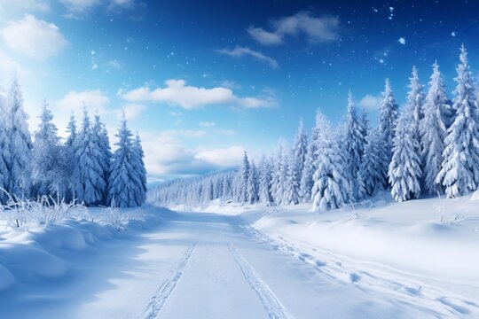 a snowy road with trees and blue sky