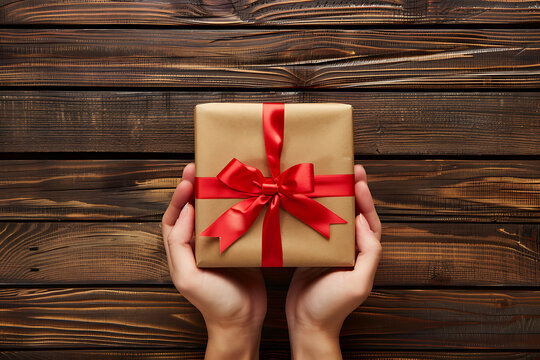A heartwarming image of hands delicately holding a gift paper box adorned with a vibrant red ribbon, perfect for conveying love, celebration, and giving.