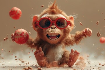 A monkey character with a grenade bomb in his hand. 3d illustration