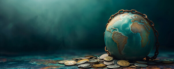 Globe weighed down by large chains, cryptocurrencies and coin money, a concept of the Global recession economy and declining - obrazy, fototapety, plakaty