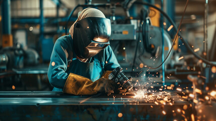 A man in a protective suit is working on a piece of metal - obrazy, fototapety, plakaty