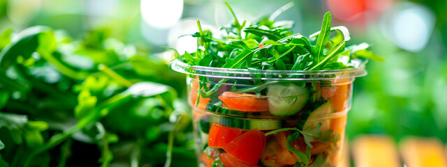 Vegetable salad with arugula, cucumbers and tomatoes. Selective focus.