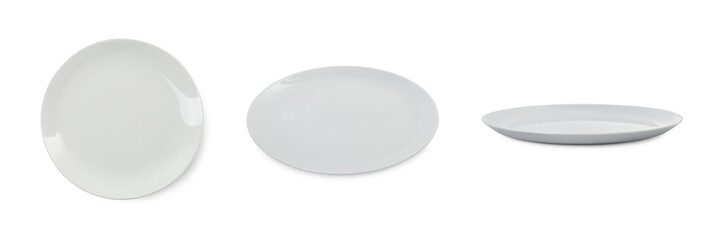 Empty ceramic plate isolated on white, set with different views