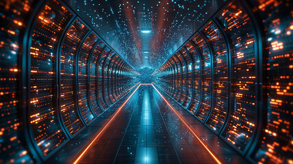 A long tunnel with blue and orange lights