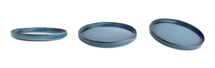 Clean blue plate isolated on white, different sides
