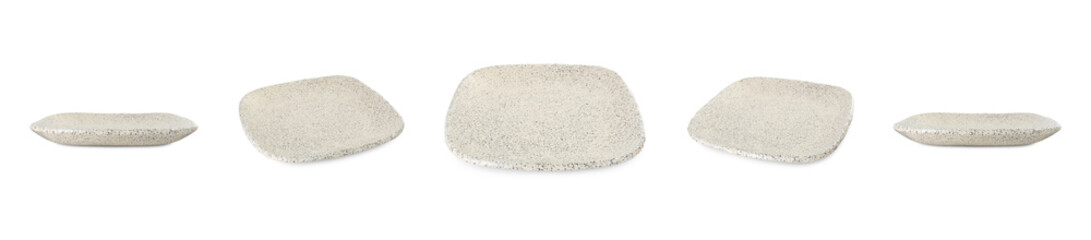 Clean ceramic plate isolated on white, different sides