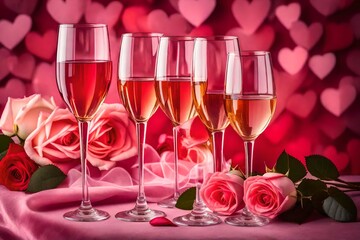 two glasses of champagne, Transport yourself to a world of romance and elegance with an AI-generated image capturing the allure of two glasses of rose wine and roses on a soft pink background