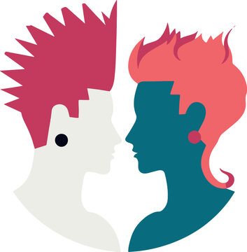 Punk freak couple in love, romance, valentine day. Vector flat illustration