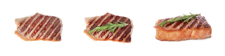 Delicious grilled beef steaks isolated on white, set