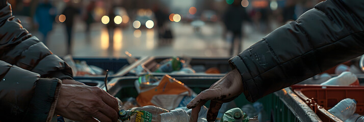 hyper-realistic photo of hands rummaging through garbage containers outside a shopping center, the light is 3 in the afternoon and in the background you can see blurred people and blurred cars - obrazy, fototapety, plakaty