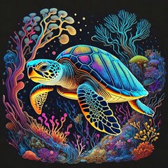 Fototapeta na wymiar sea turtle swims underwater. neon illustration