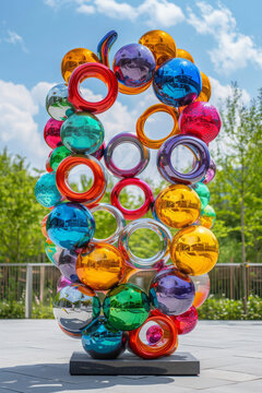 An abstract sculpture with interconnected spheres forming the Polkadot logo, suggesting cross chain communication and collaboration