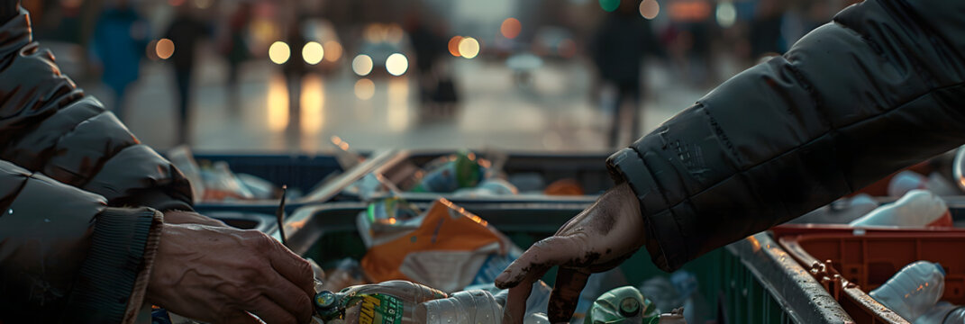hyper-realistic photo of hands rummaging through garbage containers outside a shopping center, the light is 3 in the afternoon and in the background you can see blurred people and blurred cars