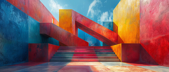 Colorful geometric shapes casting long, overlapping shadows on a textured surface, creating a dynamic composition