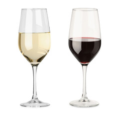 Tasty white and red wines in glasses isolated on white